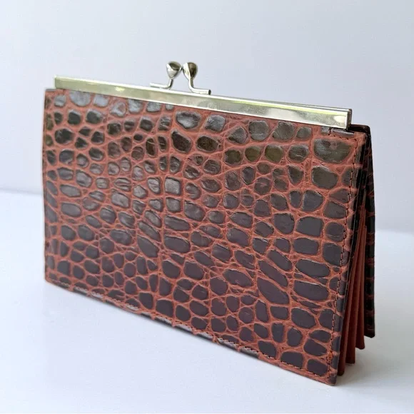 J. Peterman Brown Crocodile-Embossed Italian Leather Clutch / Wallet - Picture 4 of 13